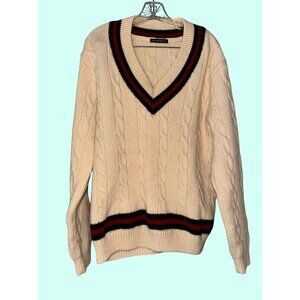 Medium Vintage-Style Brandy Melville Cream Cable Knit Sweater With Red & Blue St